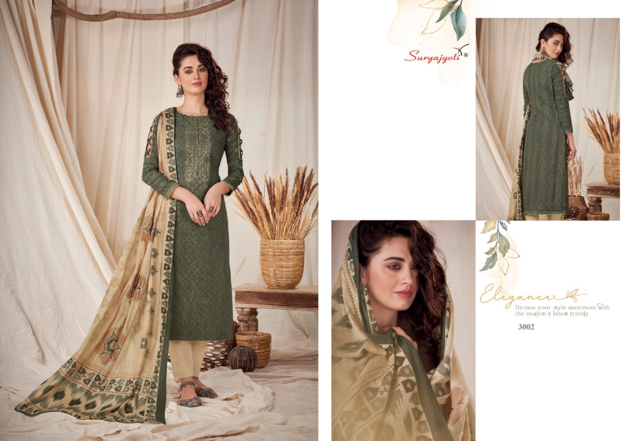 Suryajyoti Presents Noreen 3 Collection Of Front Neck Embroidered Pure Cotton Dress Materials