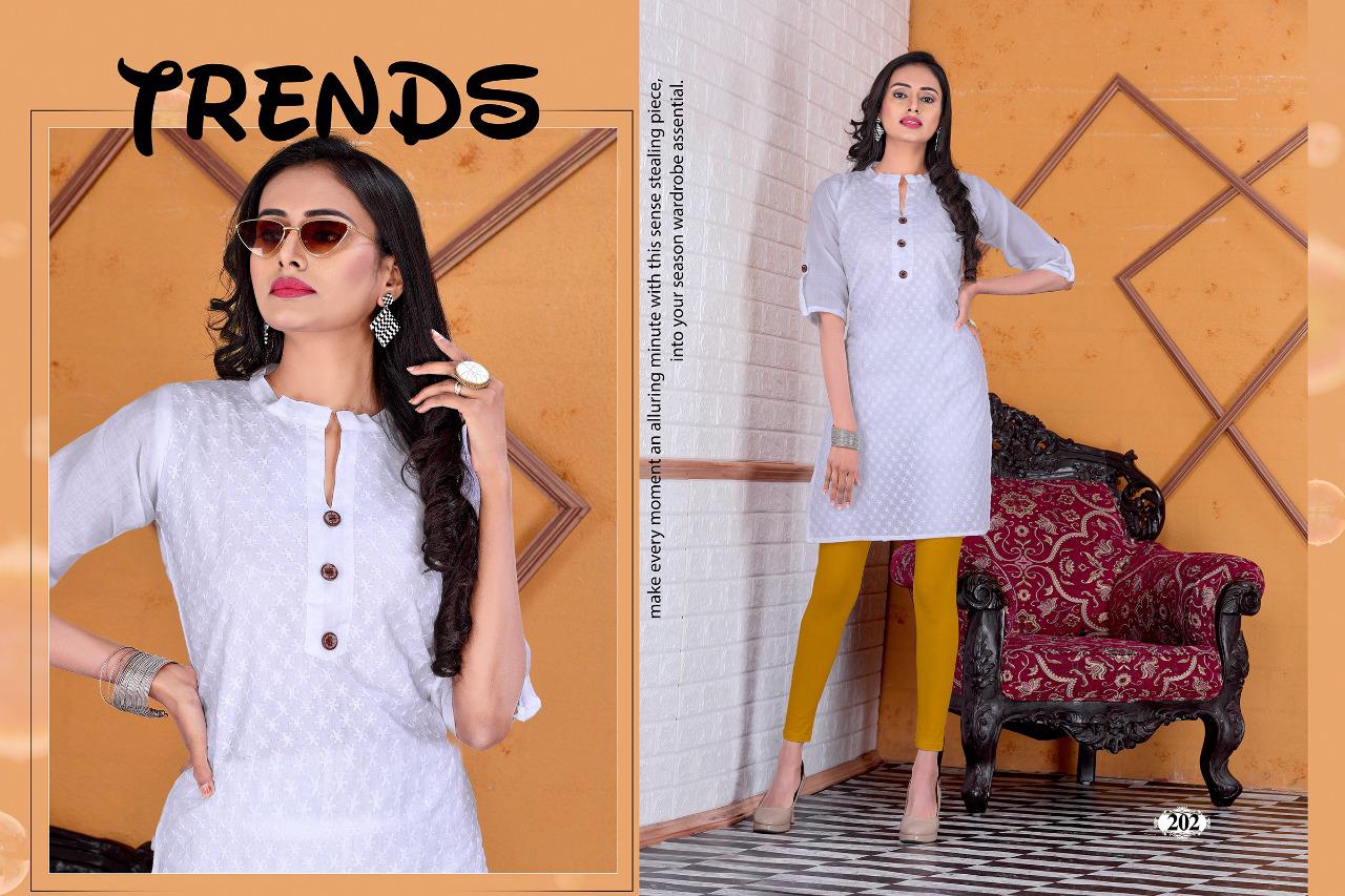 TRENDY PRESENTS WHITE DESSERT COLLECTION OF CHIKAN COTTON STRAIGHT CUT SHORT KURTIS 1