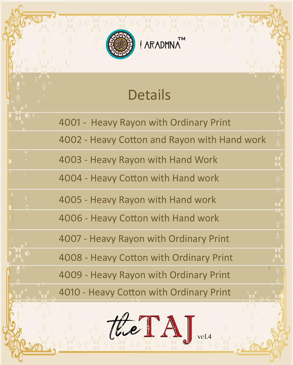 Aradhna Presents Taj Vol 4 Long Kurti Collection