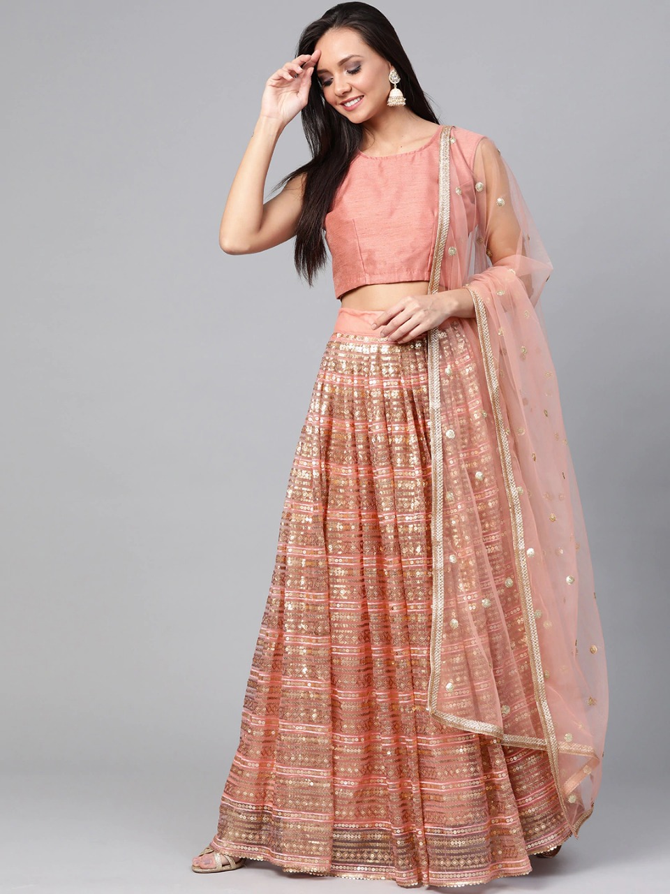 Fc Presents Peach-coloured And Golden Lehenga Choli With Dupatta
