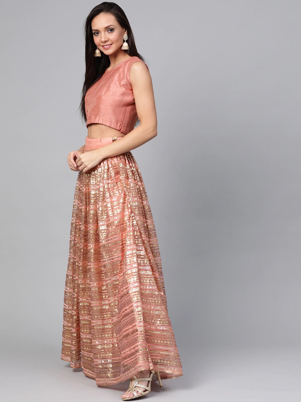 Fc Presents Peach-coloured And Golden Lehenga Choli With Dupatta