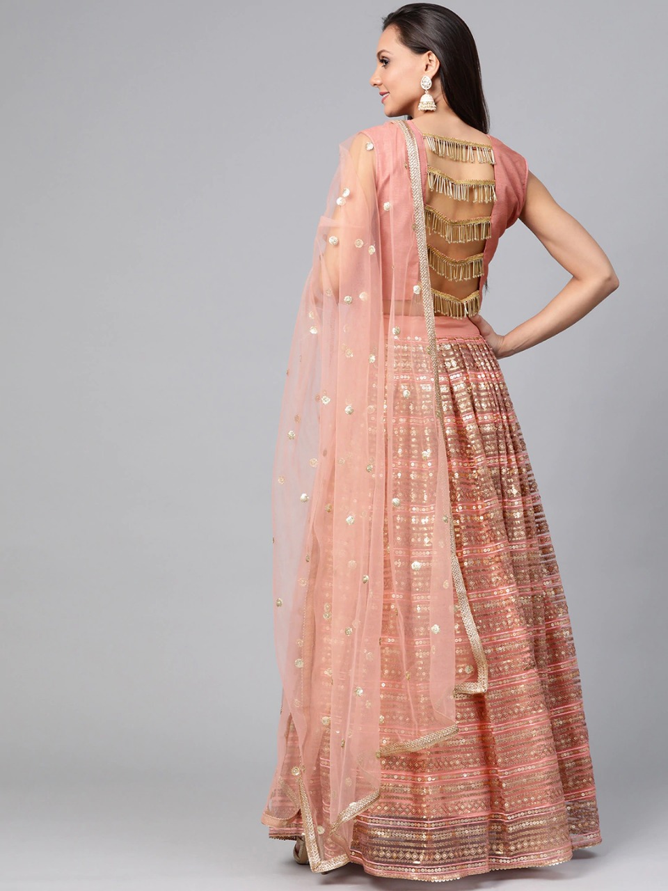 Fc Presents Peach-coloured And Golden Lehenga Choli With Dupatta