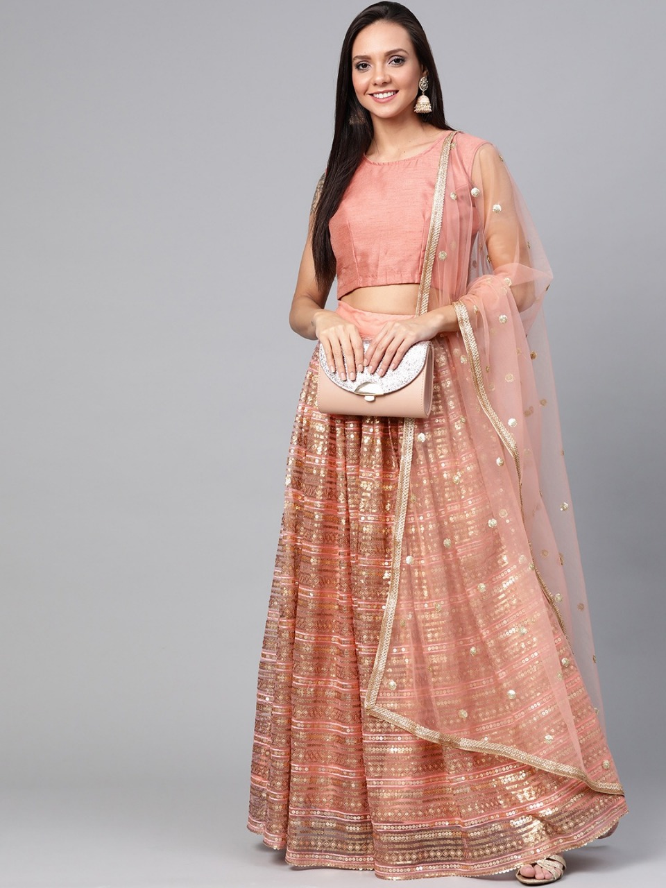 Fc Presents Peach-coloured And Golden Lehenga Choli With Dupatta