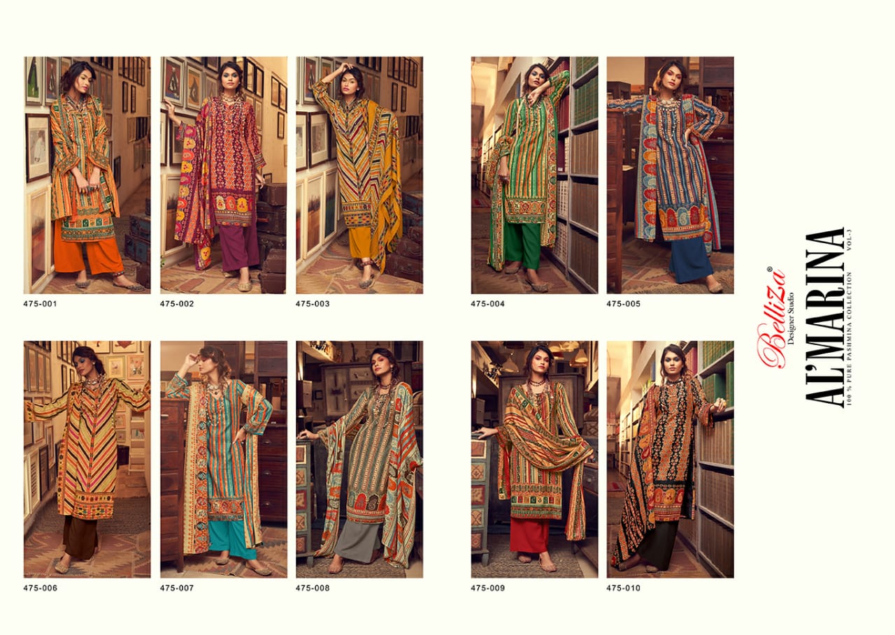 Belliza  Presents Al Marina Vol 3 Pashmina Designer Dress Material