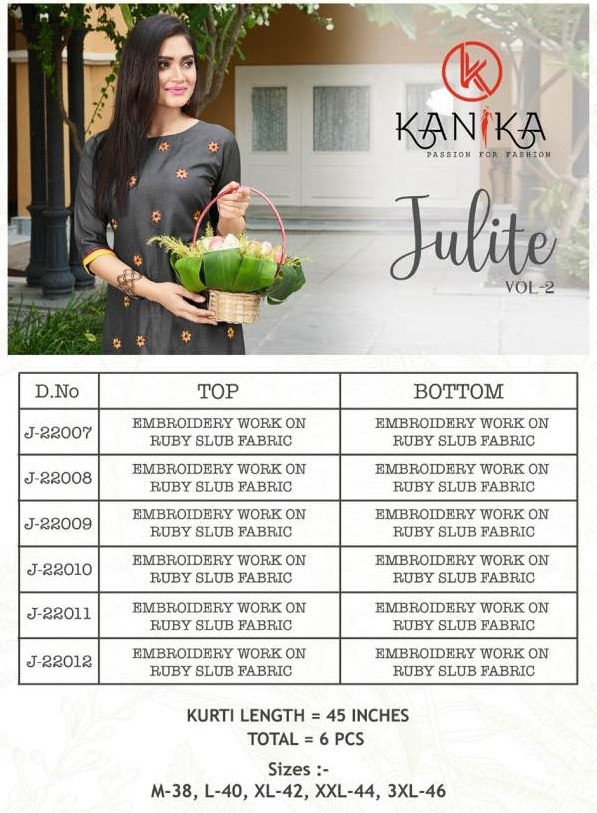 Kanika  Presents Julite Vol 2 Designer  Kurti With Bottom