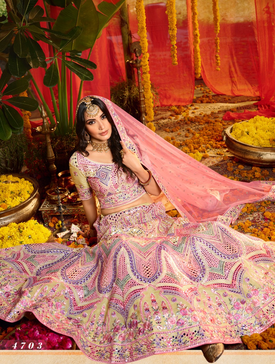 Off-white Mirror Work  Designer Bridal Lehenga Choli