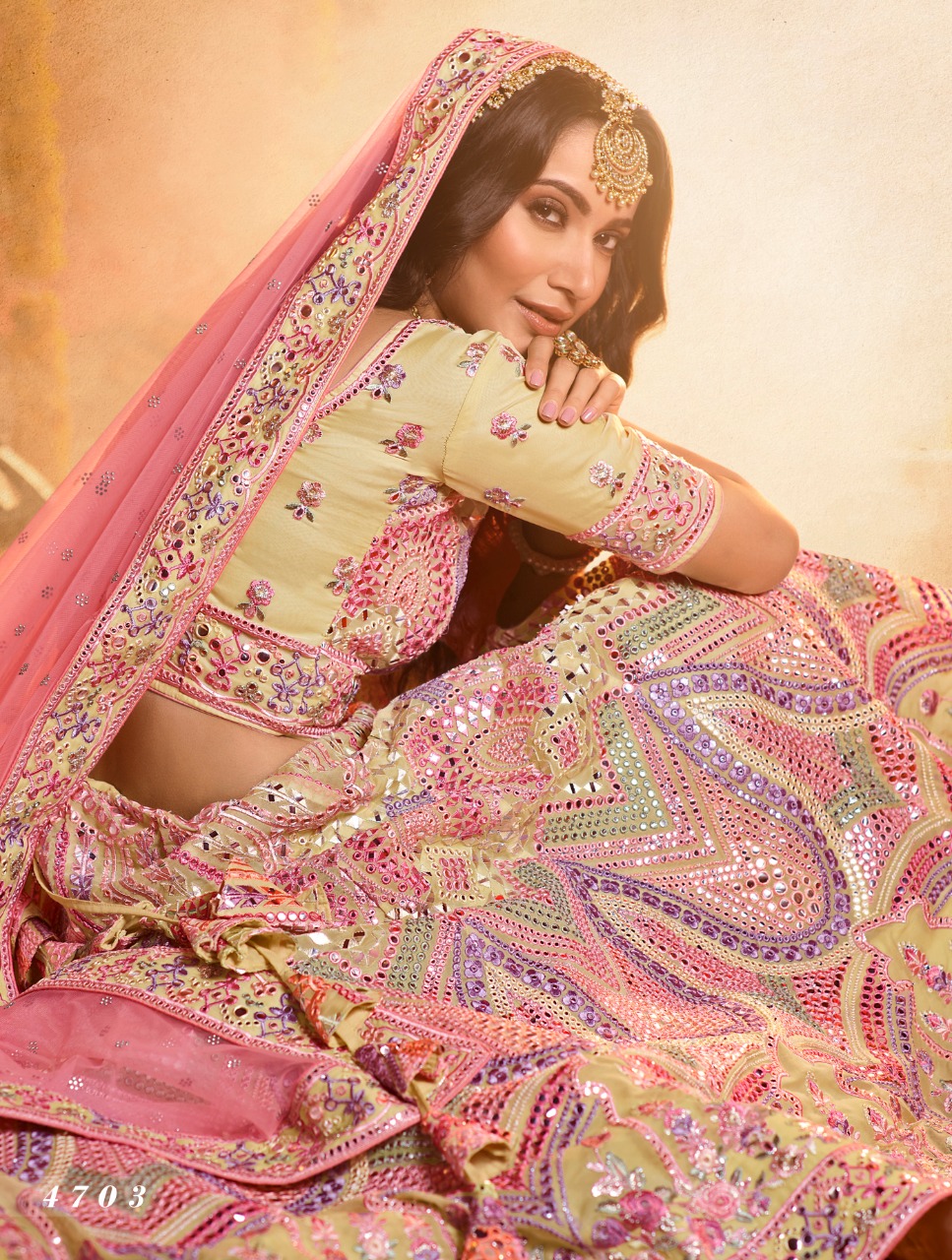 Off-white Mirror Work  Designer Bridal Lehenga Choli