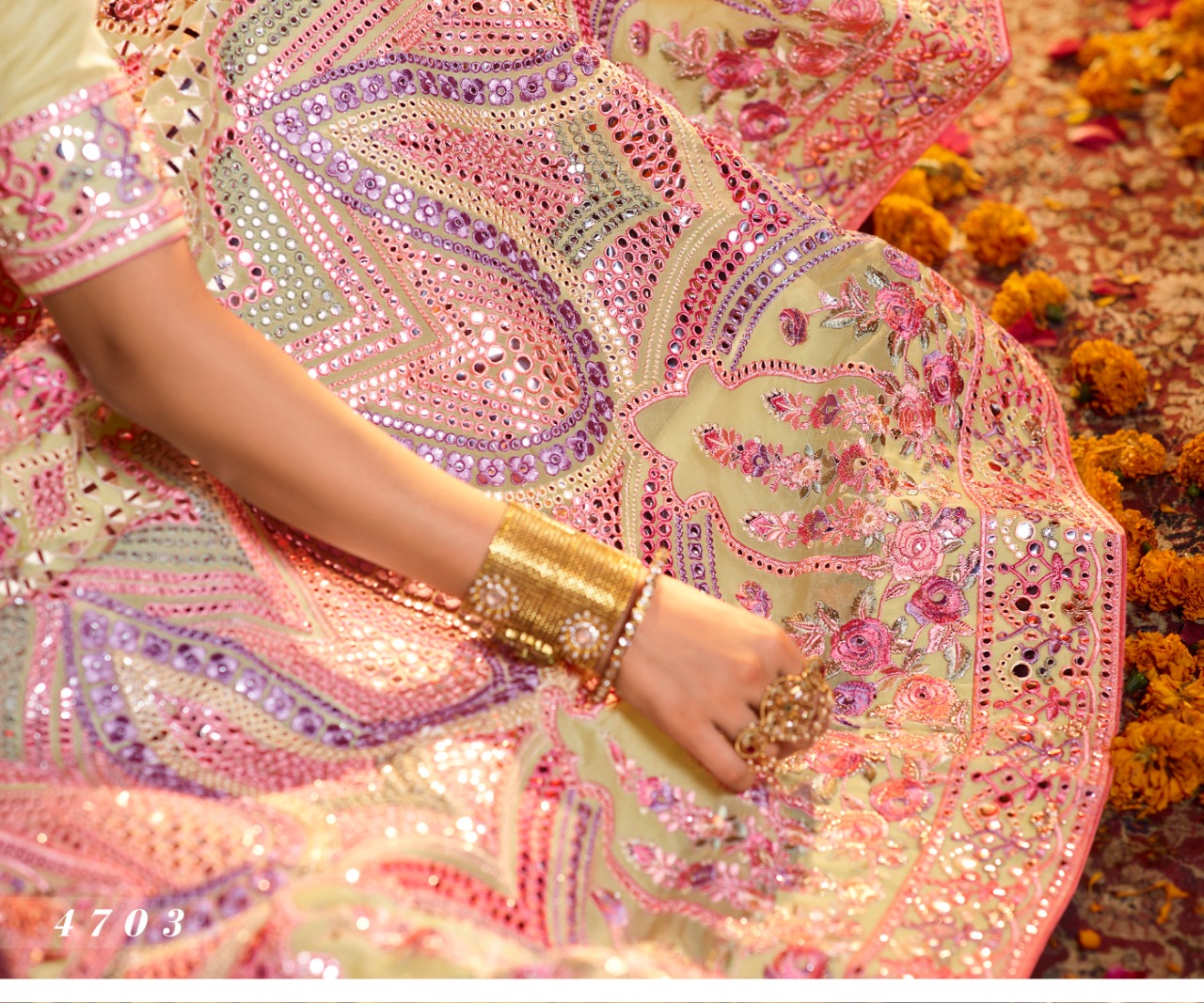 Off-white Mirror Work  Designer Bridal Lehenga Choli