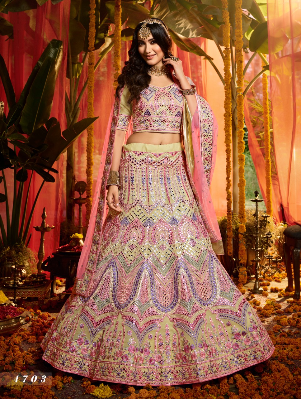 Off-white Mirror Work  Designer Bridal Lehenga Choli