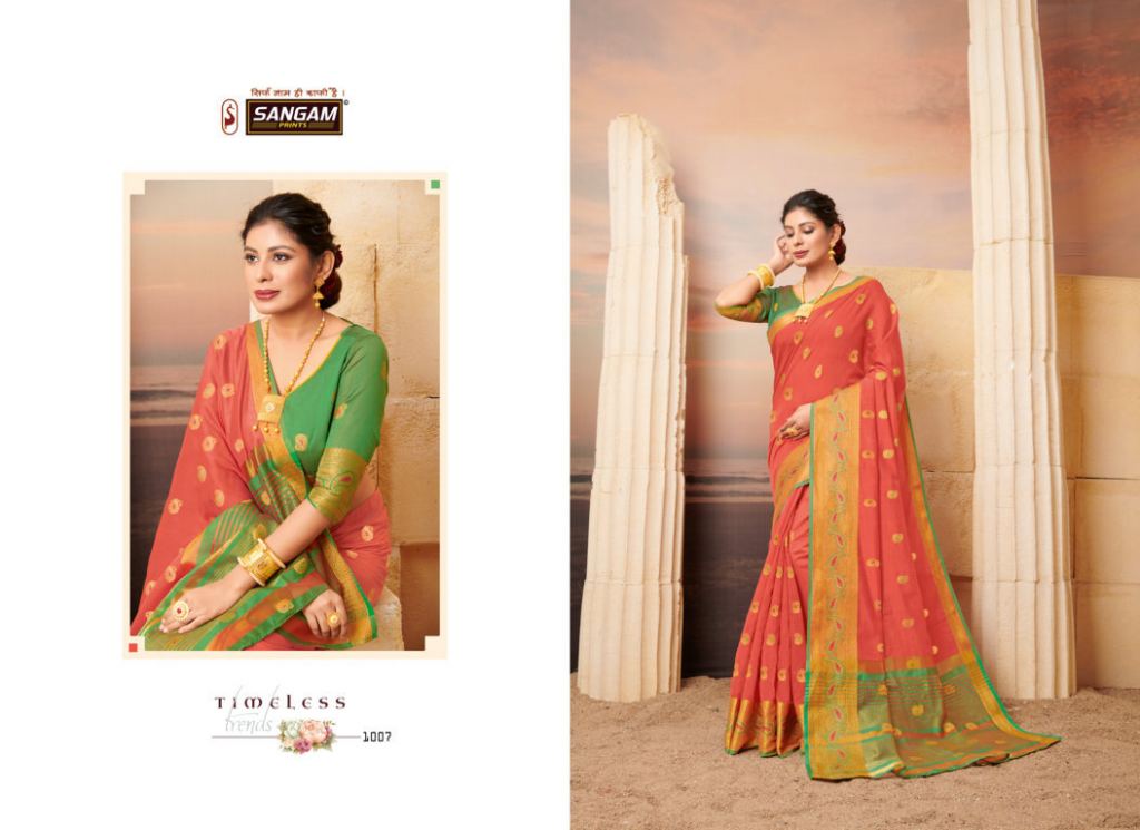 Sangam Presents Orange Cotton Designer Cotton Sarees