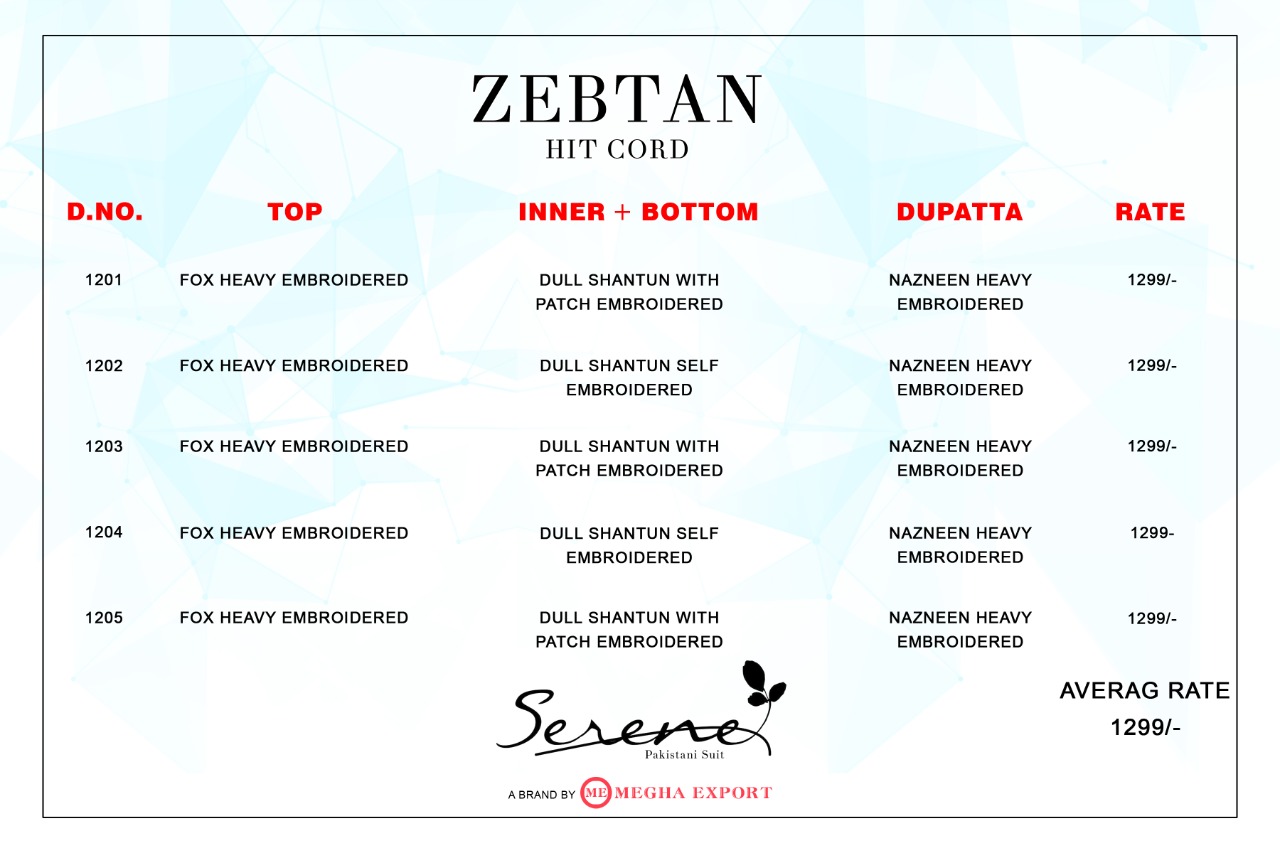 Serene  Presents Zebtan Hit Cord  Pakistani Suits Collection