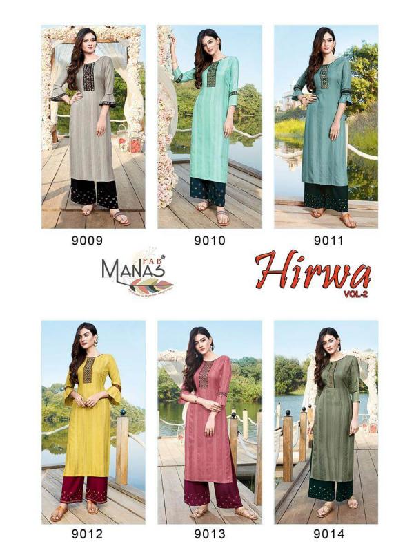 Manas Presents  Hirwa  Vol 2  Straight Cut Kurti With Palazzo