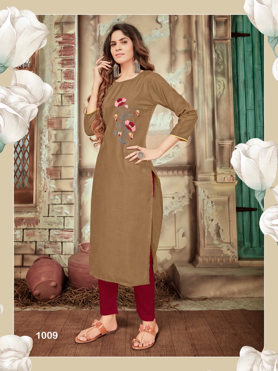 Brown Embroidered Rayon Kurti