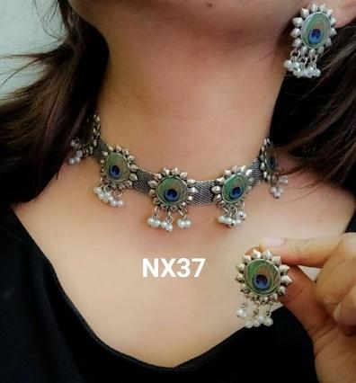Ij Presents Digital Print Peacock Feather Necklace  Set