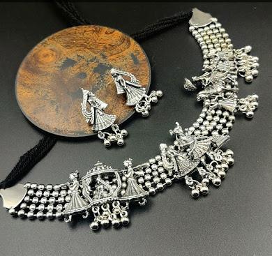 Ij Presents Oxidised Silver Choker Necklace & Earrings Set