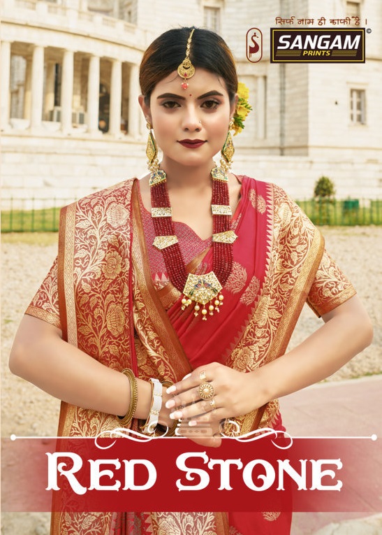 Sangam Presents Red Stone Zari Weaving Silk Sarees