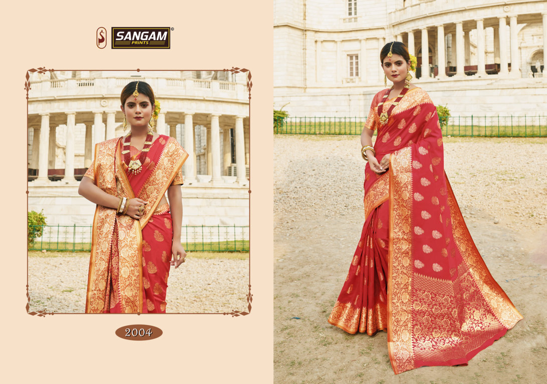 Sangam Presents Red Stone Zari Weaving Silk Sarees