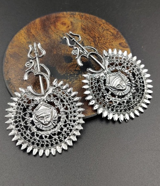 Ij Presents Oxidised Metal Silver Plated Devotional Om Trishul Damroo Earrings For Girls And Women
