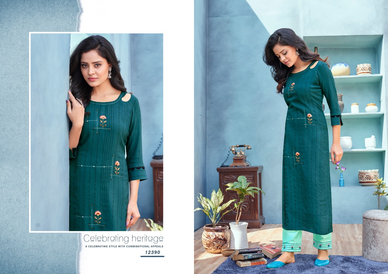 Kalaroop Launching Emli Designer Wholesale Kurtis With Bottom