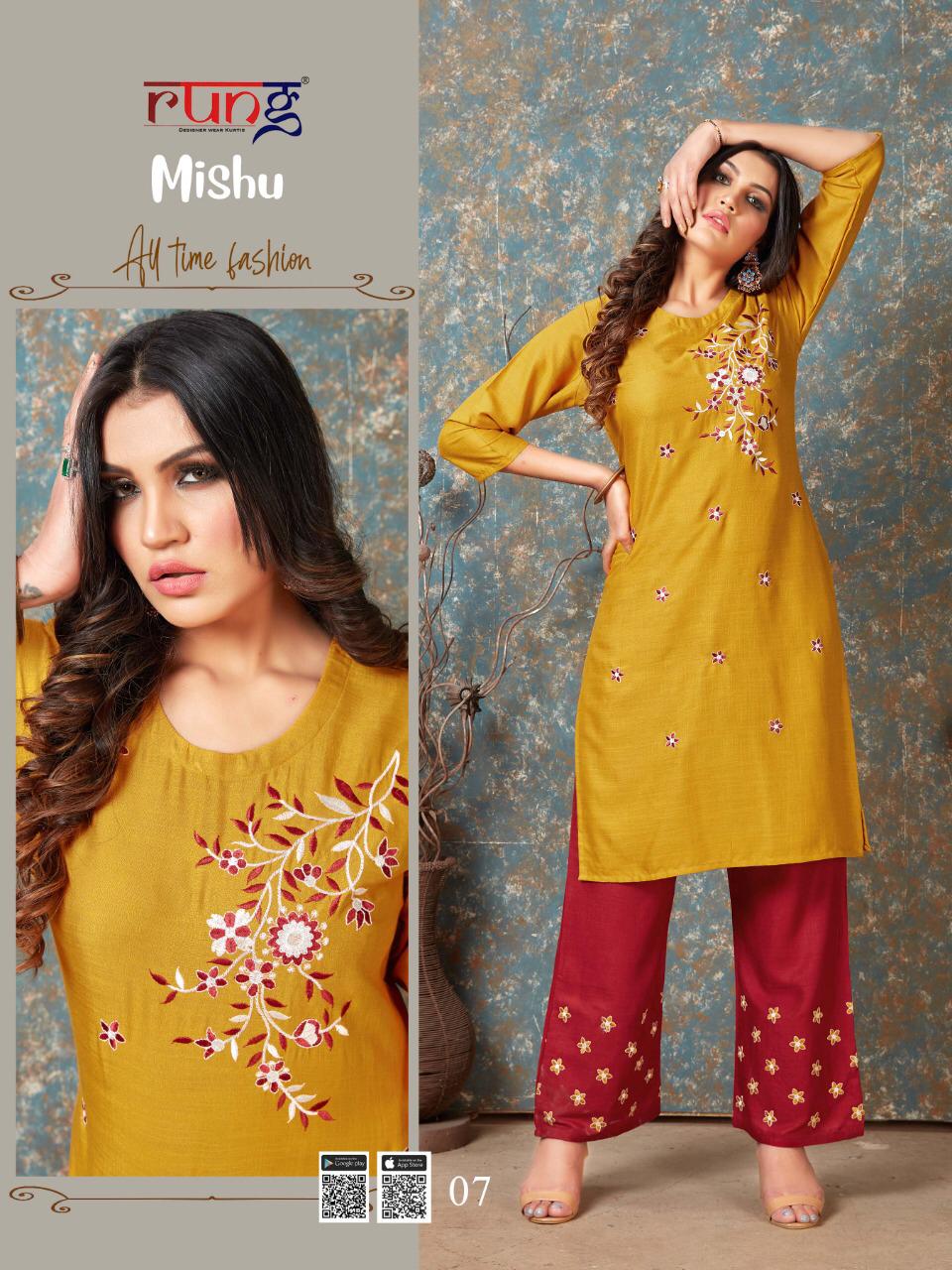 Rung Launching Mishu Embroidery Work Kurti With Bottom Collection