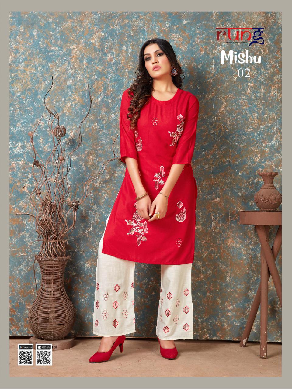 Rung Launching Mishu Embroidery Work Kurti With Bottom Collection