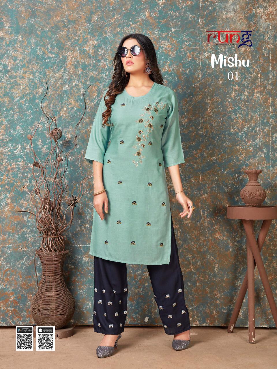 Rung Launching Mishu Embroidery Work Kurti With Bottom Collection