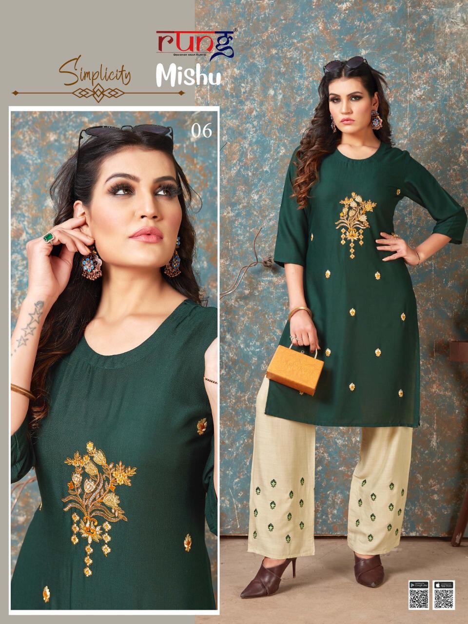 Rung Launching Mishu Embroidery Work Kurti With Bottom Collection