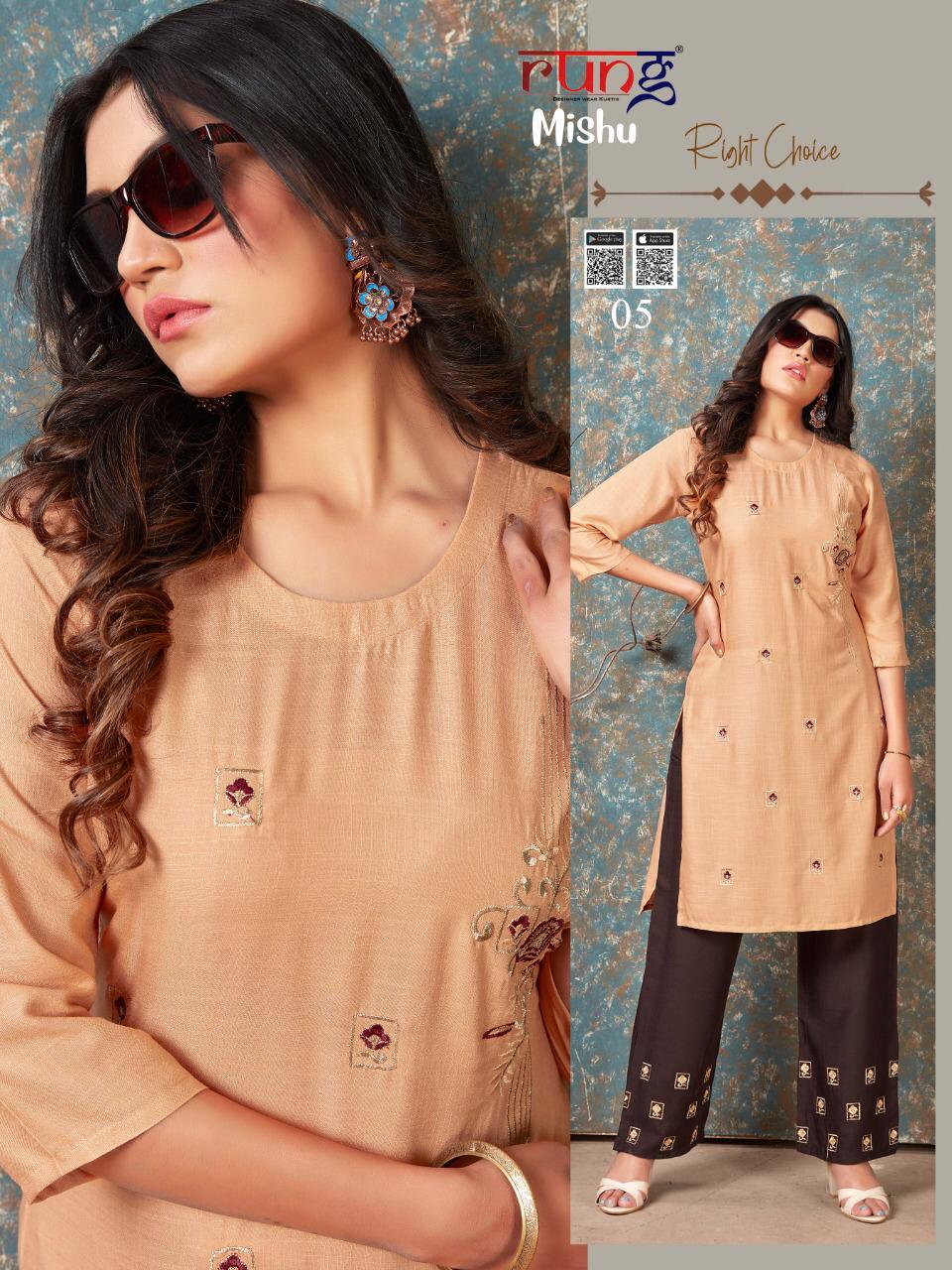 Rung Launching Mishu Embroidery Work Kurti With Bottom Collection