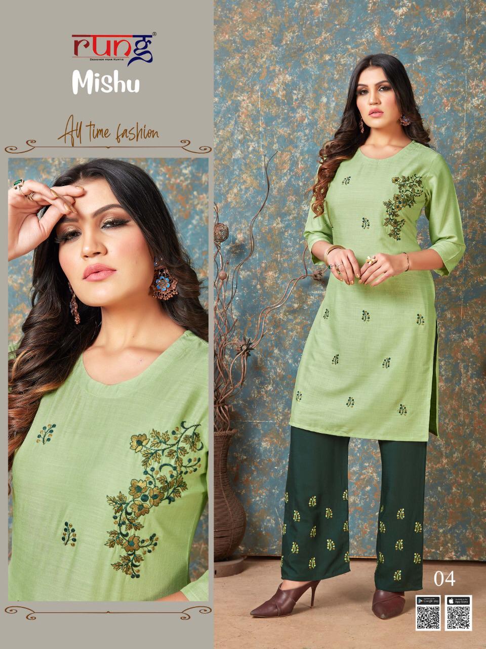 Rung Launching Mishu Embroidery Work Kurti With Bottom Collection