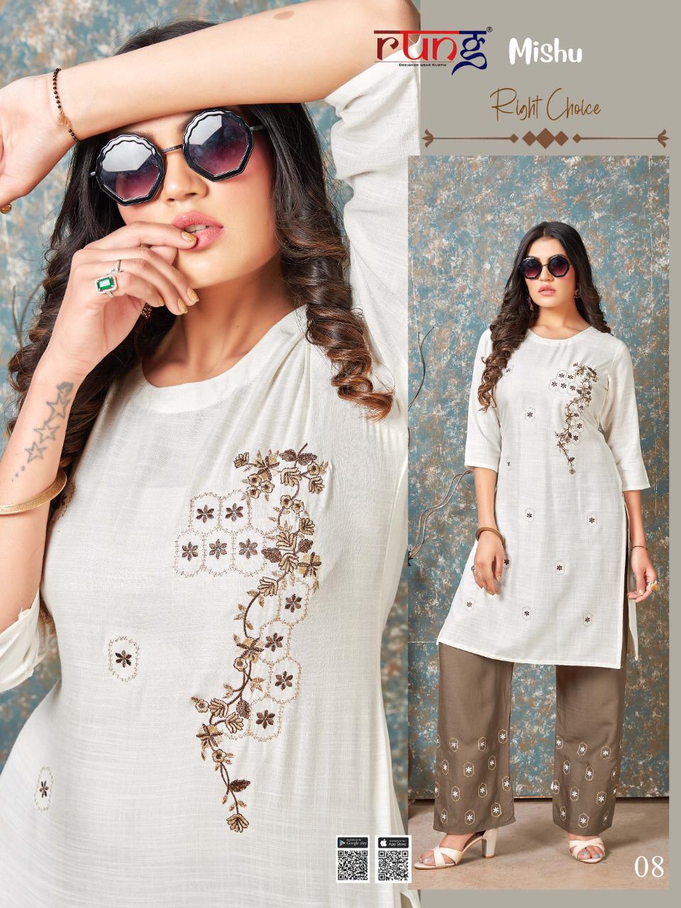 Rung Launching Mishu Embroidery Work Kurti With Bottom Collection