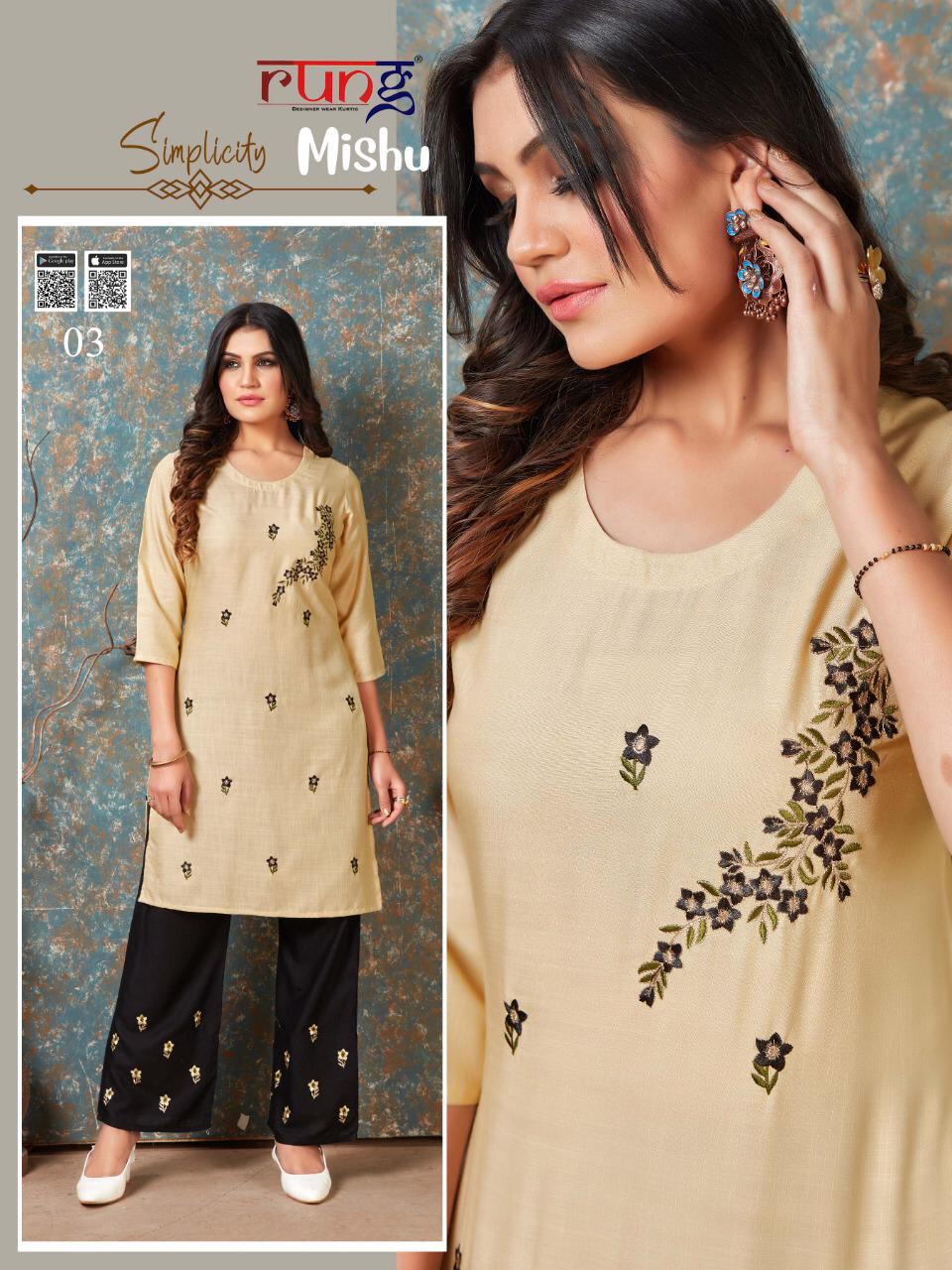 Rung Launching Mishu Embroidery Work Kurti With Bottom Collection
