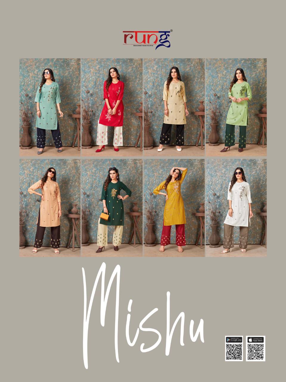 Rung Launching Mishu Embroidery Work Kurti With Bottom Collection