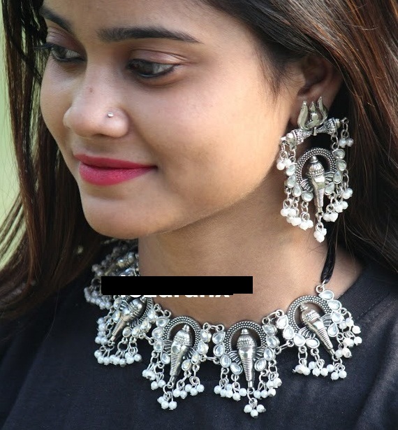 Ij  Jewellery Oxidised Silver Ganesh Choker Set