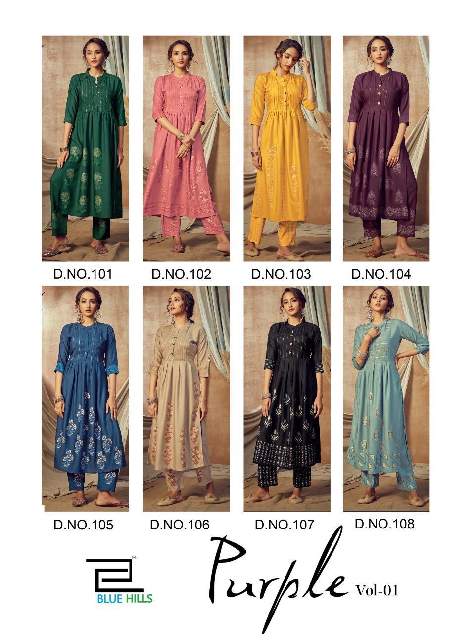 Blue Hills Purple Vol  1 Ethnic Wear Long Printed Kurti With Bottom  Catalog