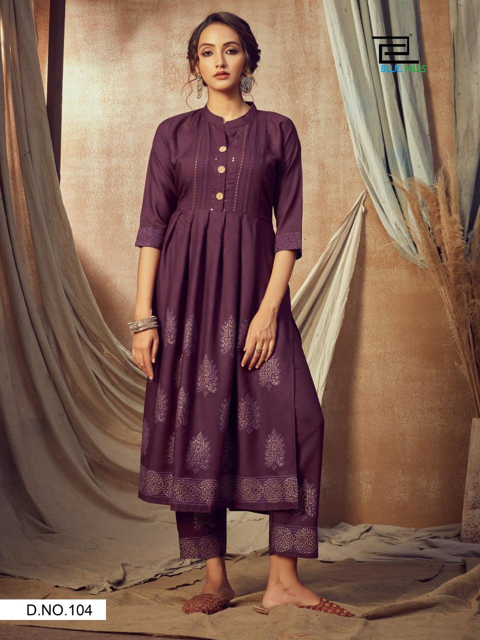 Blue Hills Purple Vol  1 Ethnic Wear Long Printed Kurti With Bottom  Catalog