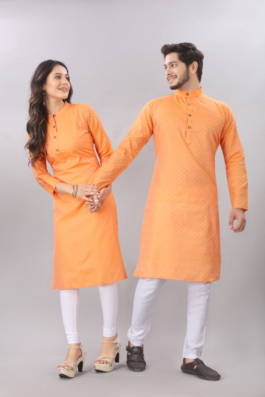Couple Matching Orange Kurti  & Kurta Buy Best Rate