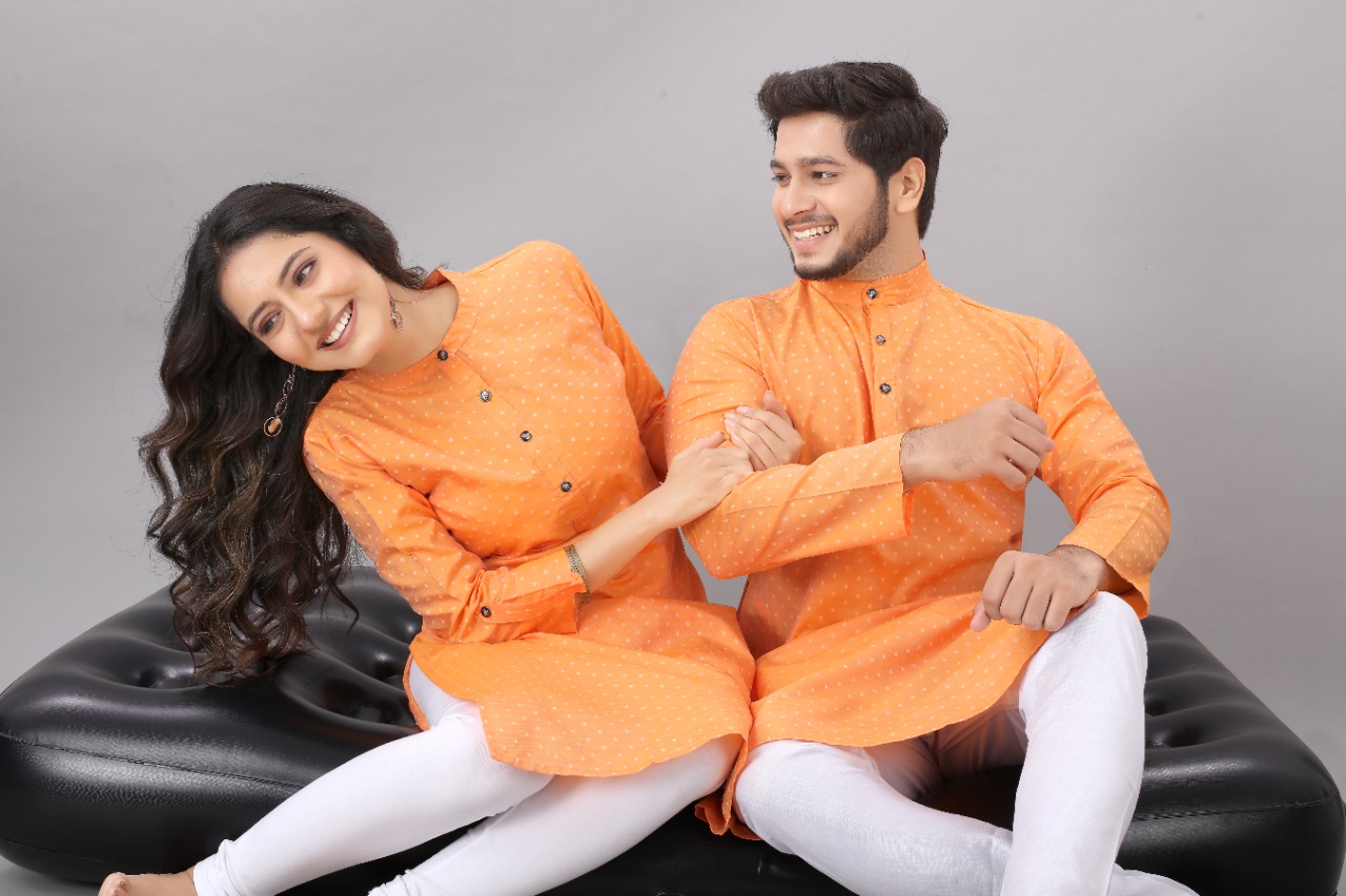 Couple Matching Orange Kurti  & Kurta Buy Best Rate