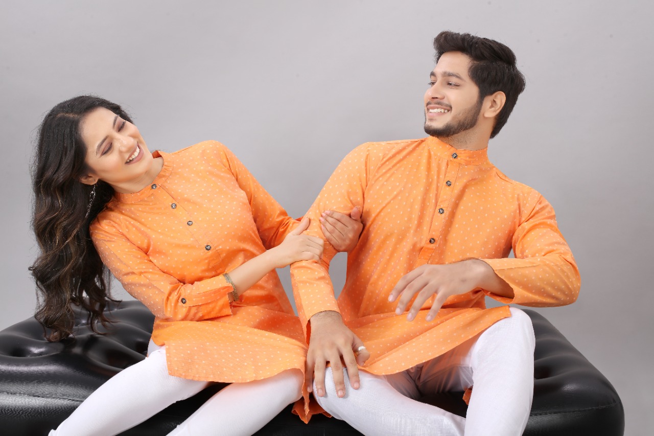 Couple Matching Orange Kurti  & Kurta Buy Best Rate