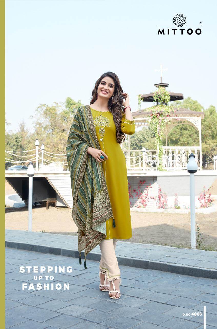 Mittoo Mahendi 2 Designer Rayon Readymade Buy Kurti Pant Set With Dupatta Wholesale