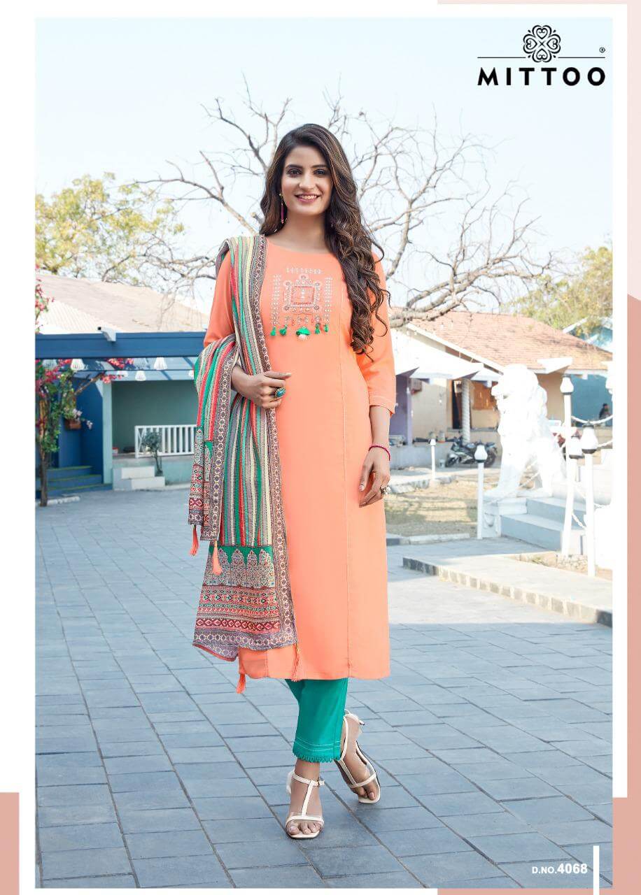 Mittoo Mahendi 2 Designer Rayon Readymade Buy Kurti Pant Set With Dupatta Wholesale