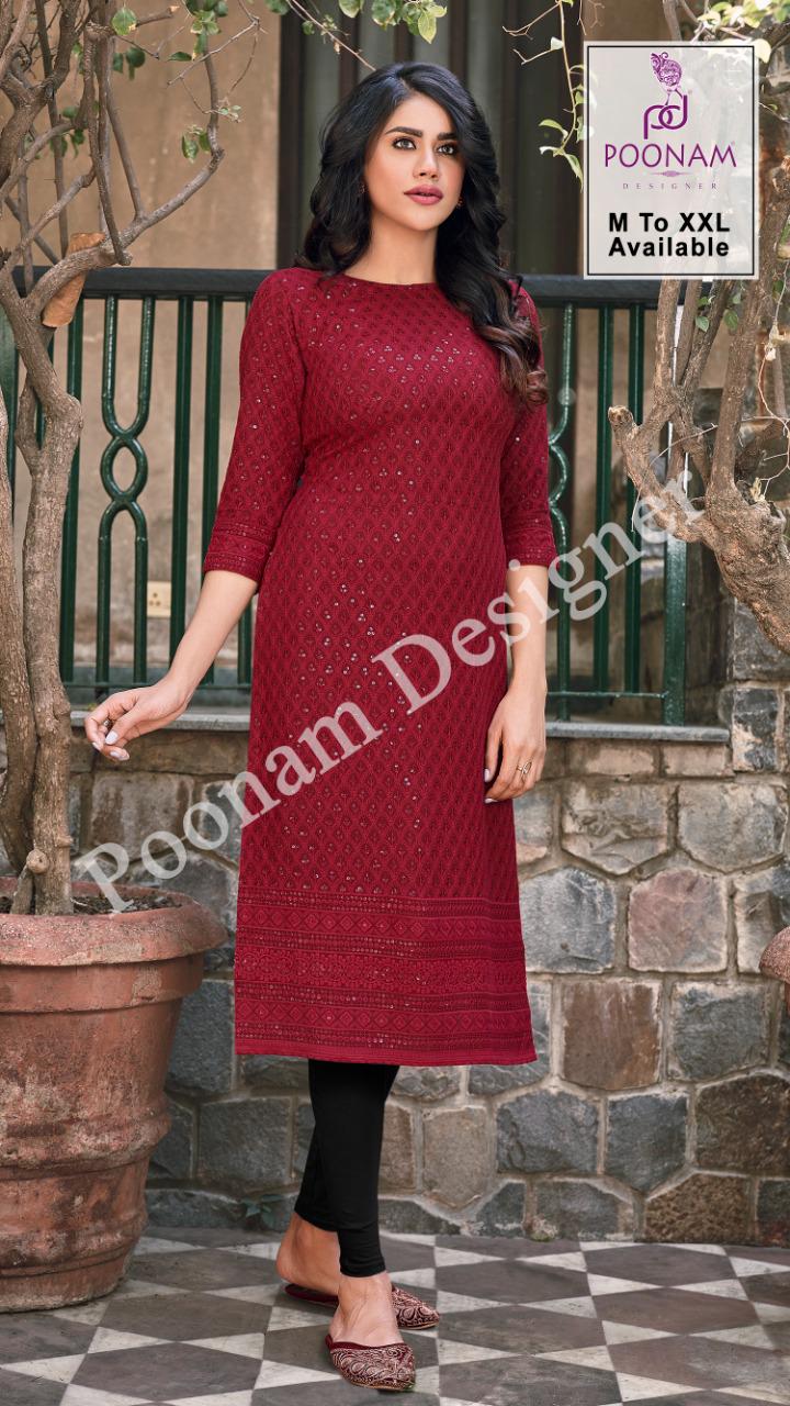 Poonam Rayon Locknowi Fancy Rayon Chicken Work Kurti Catalog