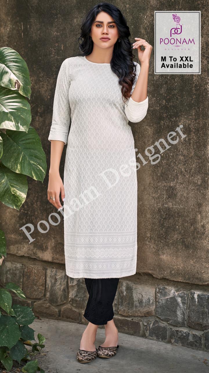 Poonam Rayon Locknowi Fancy Rayon Chicken Work Kurti Catalog