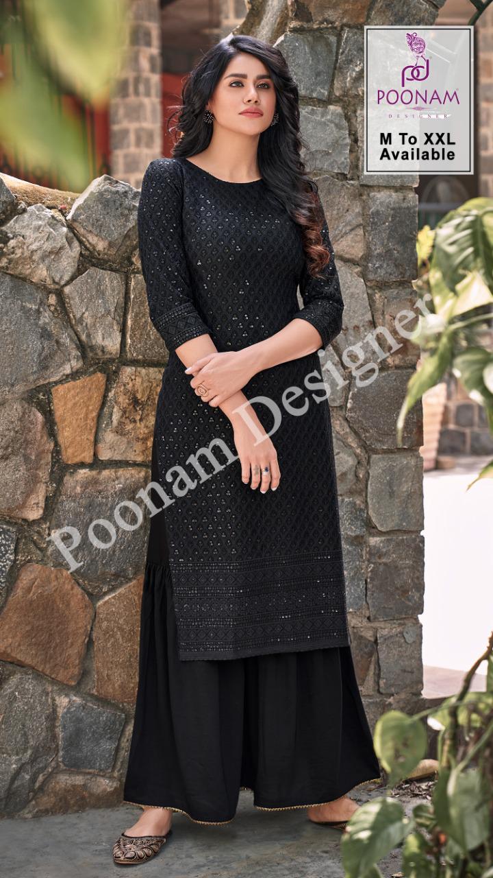Poonam Rayon Locknowi Fancy Rayon Chicken Work Kurti Catalog