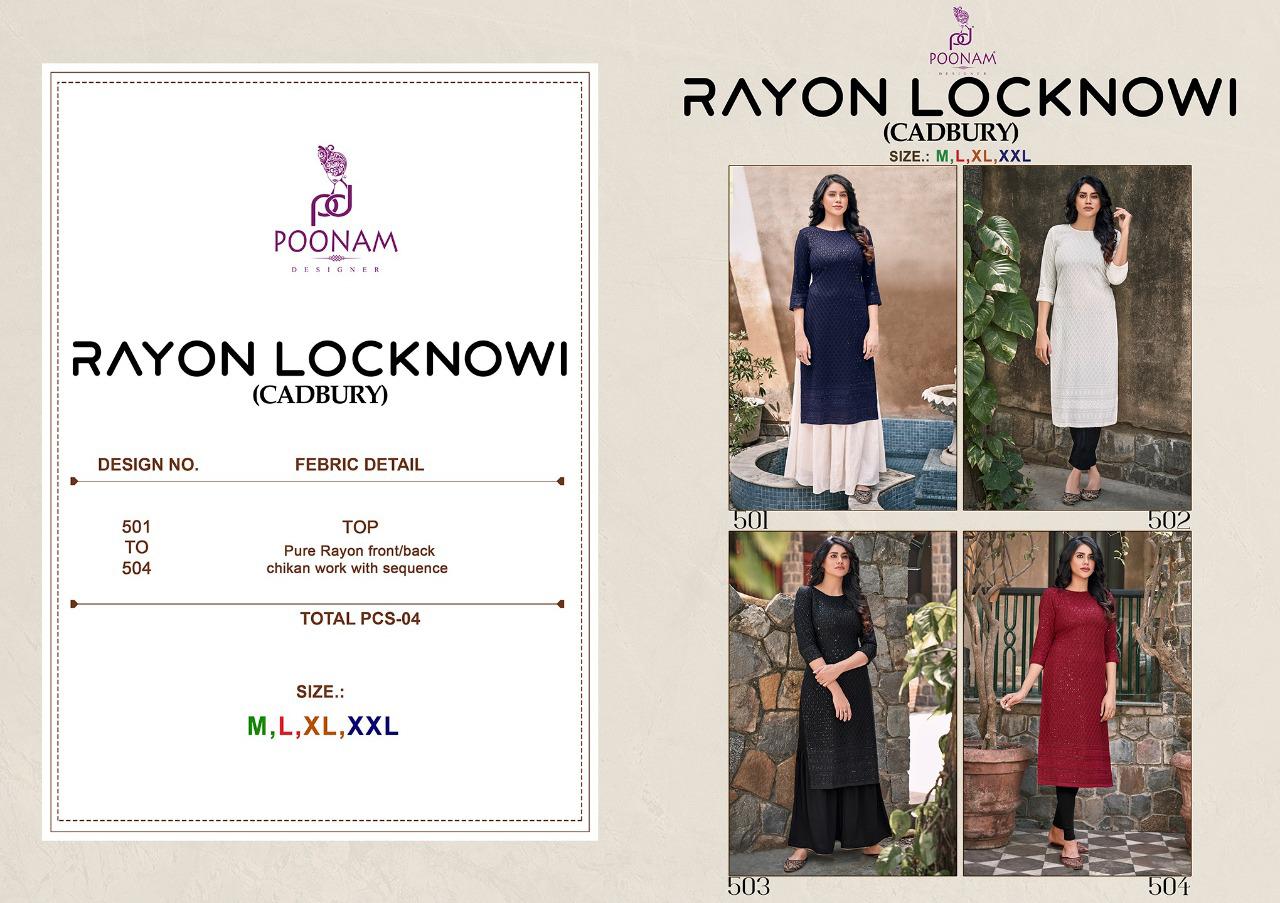 Poonam Rayon Locknowi Fancy Rayon Chicken Work Kurti Catalog