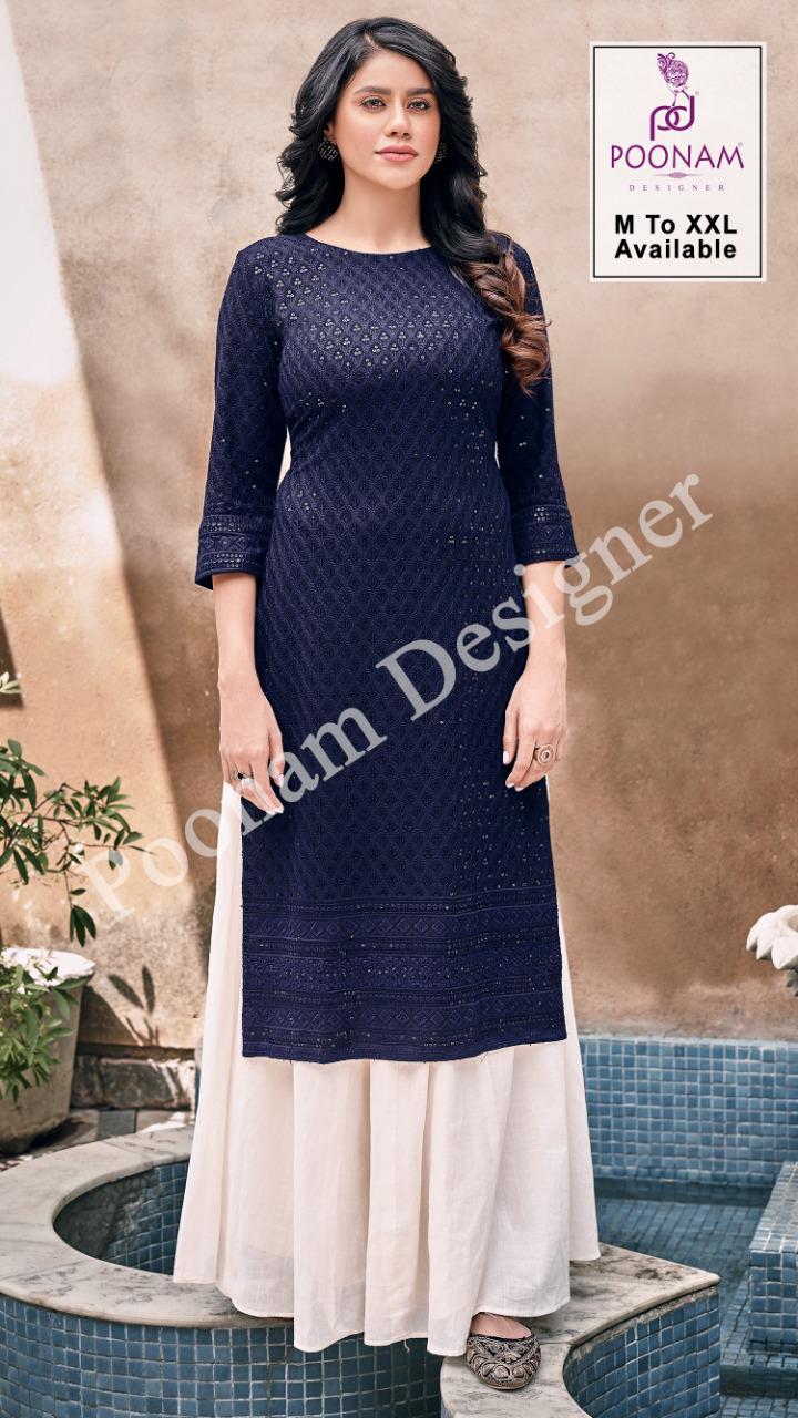 Poonam Rayon Locknowi Fancy Rayon Chicken Work Kurti Catalog