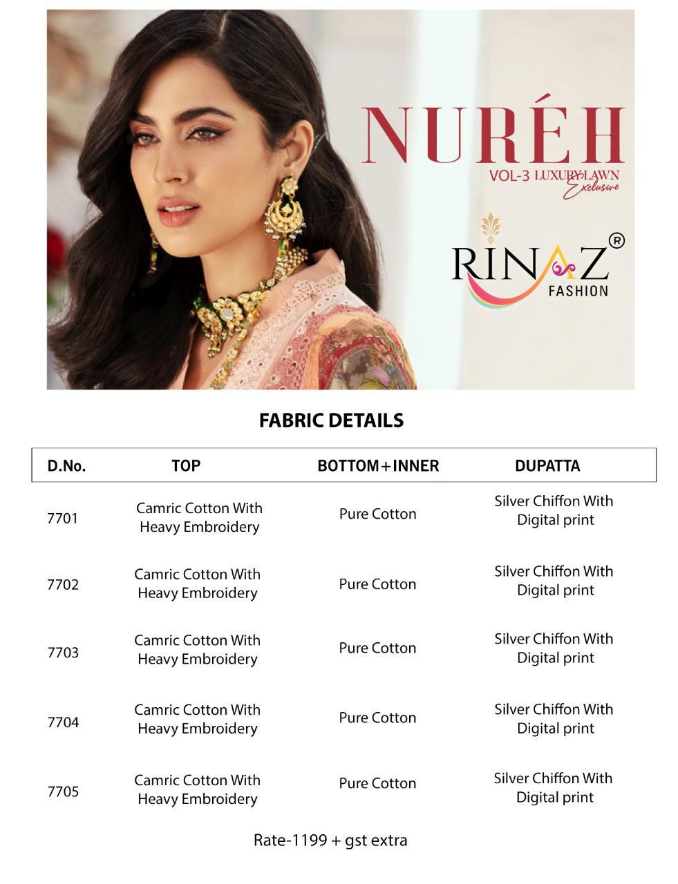 Rinaz Nureh  Vol 3 Luxury Lawn  Exclusive Pakistani Salwar Suits Catalog
