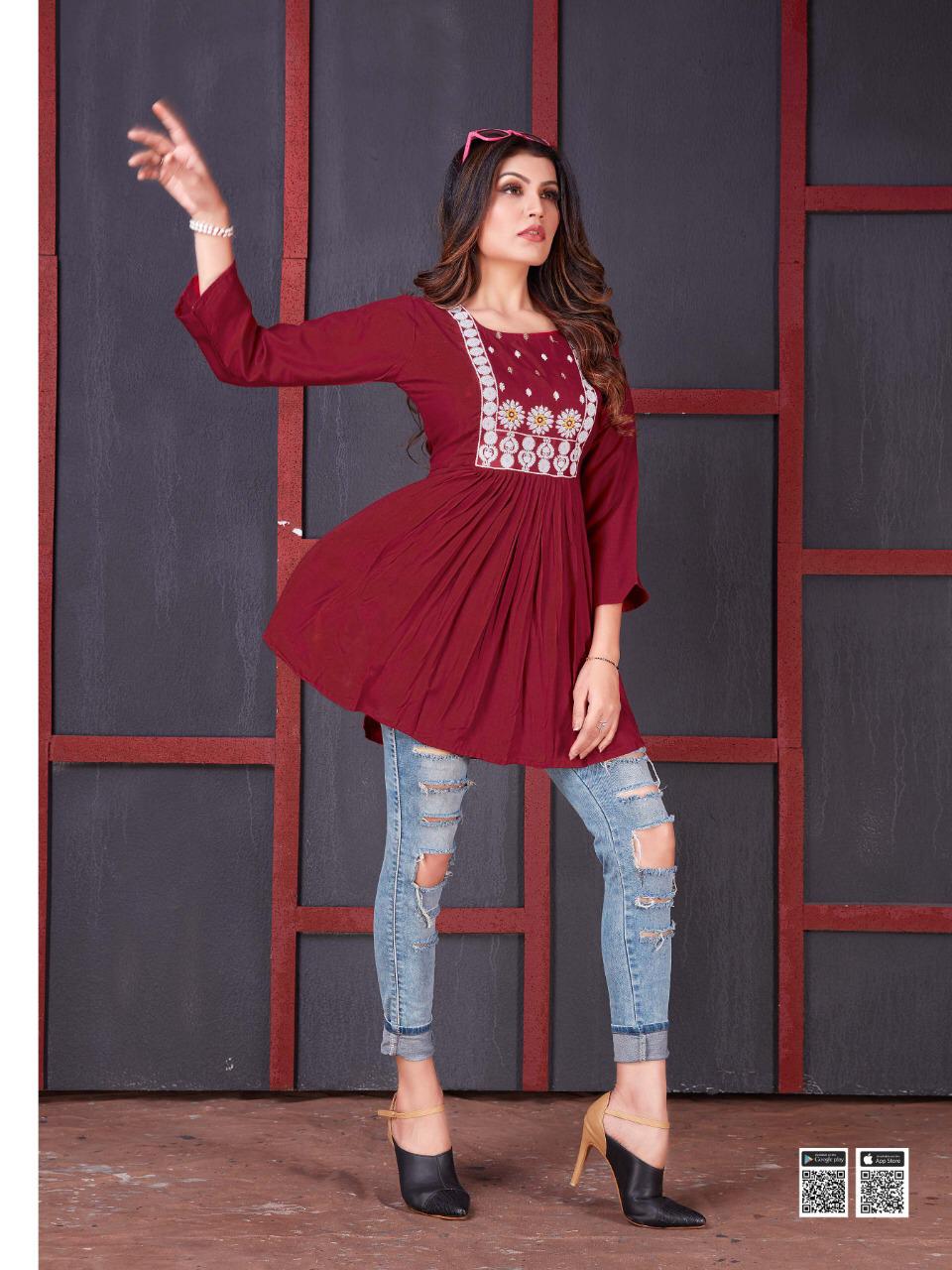 Rung Saaya Rayon Embroidery Fancy Western Top Ctalog