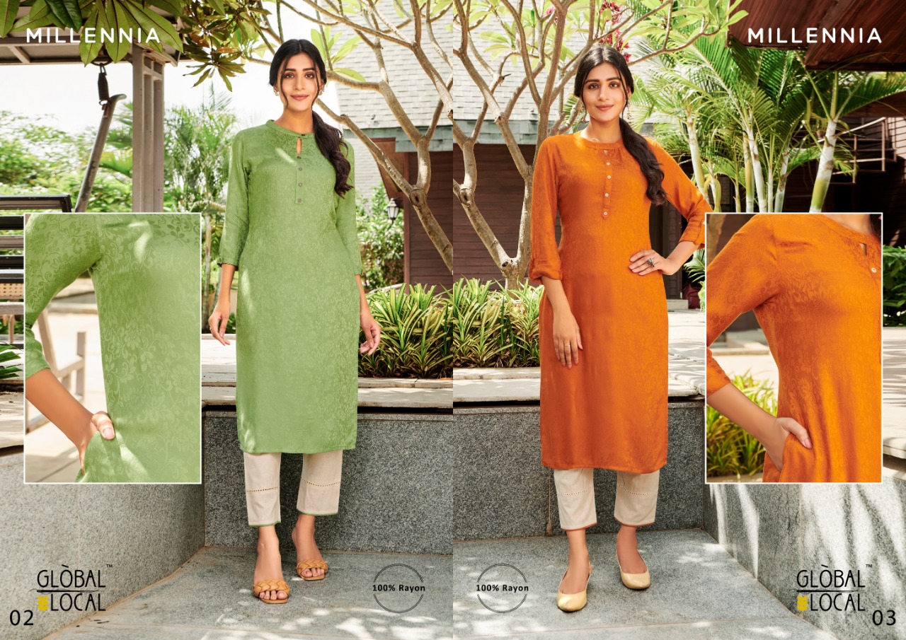 Global Local Millennia Rayon Jacquard Vibrant Kurtis With Slant Pocket