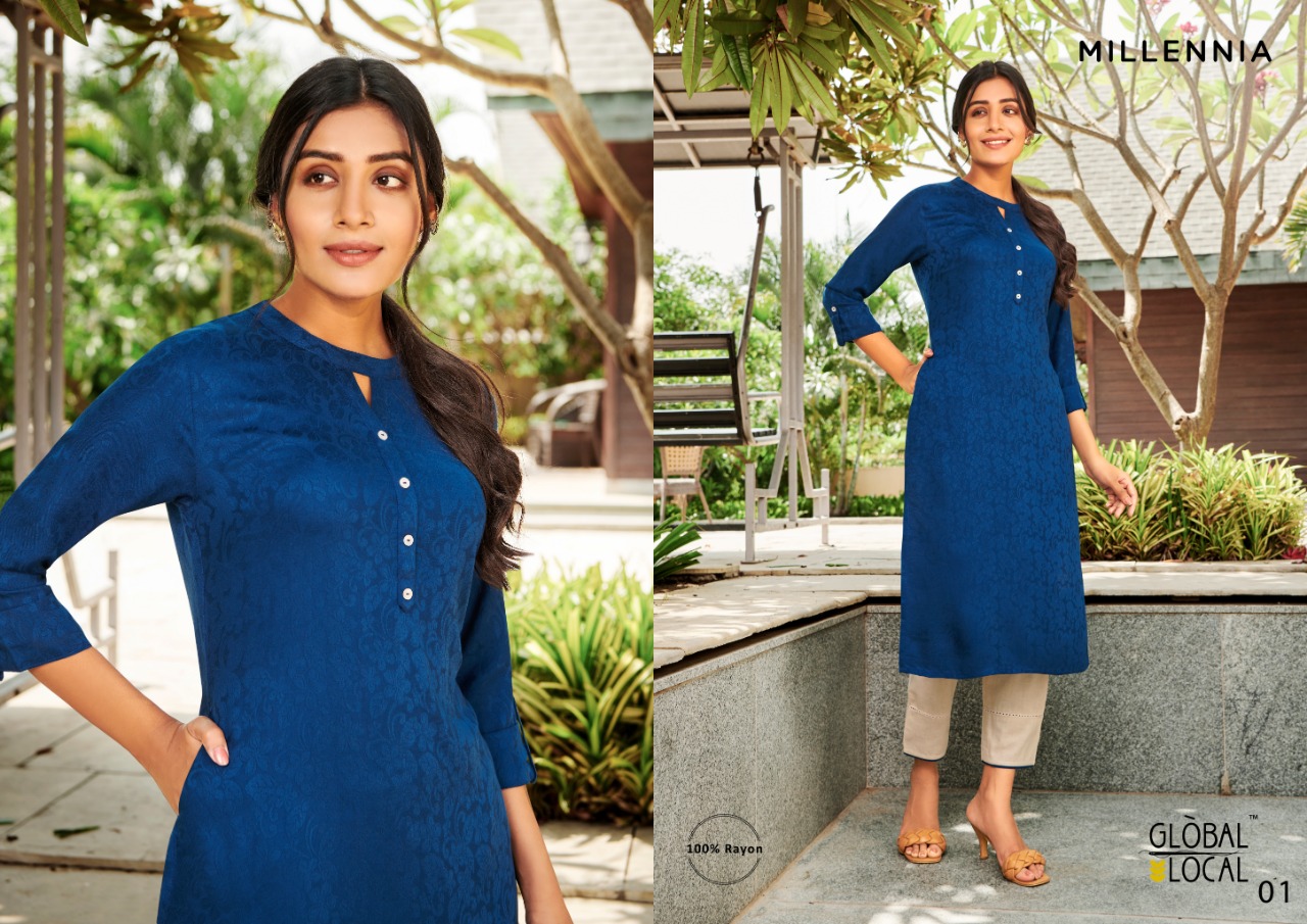 Global Local Millennia Rayon Jacquard Vibrant Kurtis With Slant Pocket