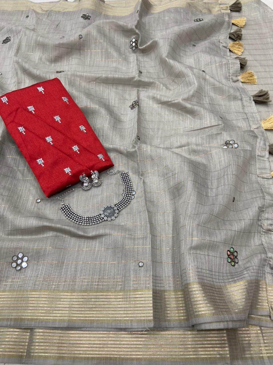 Fc Pf Magic Rainbow Desigener Linen Mirror Work Saree Catalog